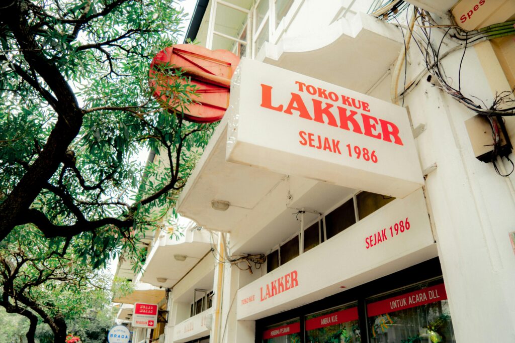 Photo of a historic bakery facade in Braga, West Java, Indonesia.